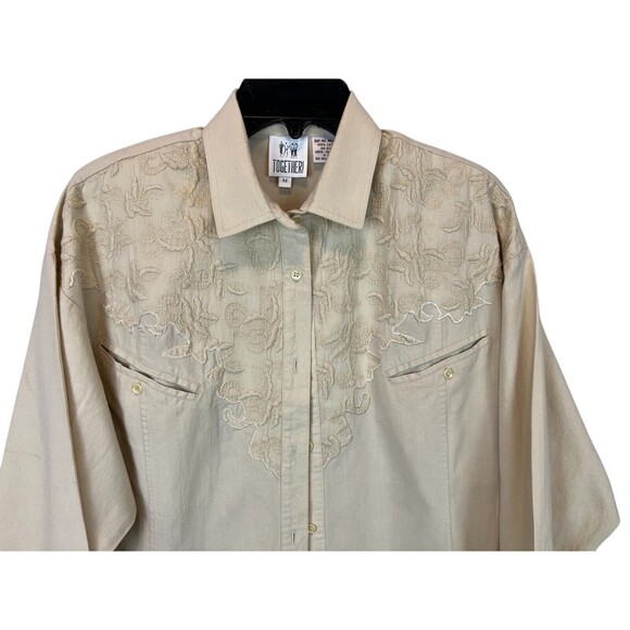Together! Vintage 80s Button Up Shirt  Women's M  Beige LS Embroidered Western - Picture 3 of 8